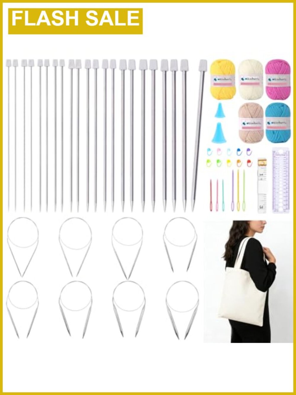 56Pc Knitting Needles Set Aluminum Circular Straight Needles Tote Bag